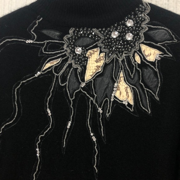 Rinzi Embellished Sweater Mock Neck Beaded Rhinestone Snake Skin Patches M - Picture 3 of 7